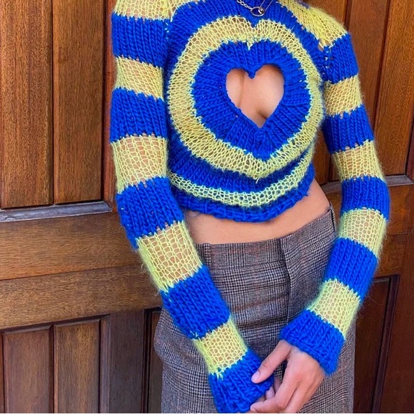 Lirika Matoshi Yellow and Blue Crew Neck Sweater with Heart Motif - Picture 1 of 7